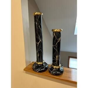 Karl Springer style faux marble painted wood candle sticks